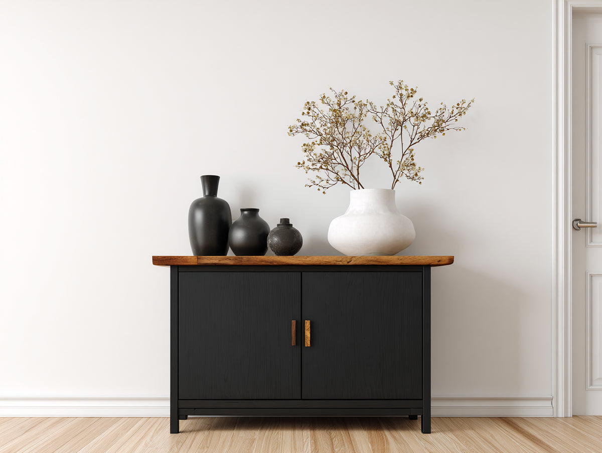 Mueble recibidor 120 x 40 x 82 cm - negro y madera - 2 puertas integradas - diseño moderno con tablero superior de madera