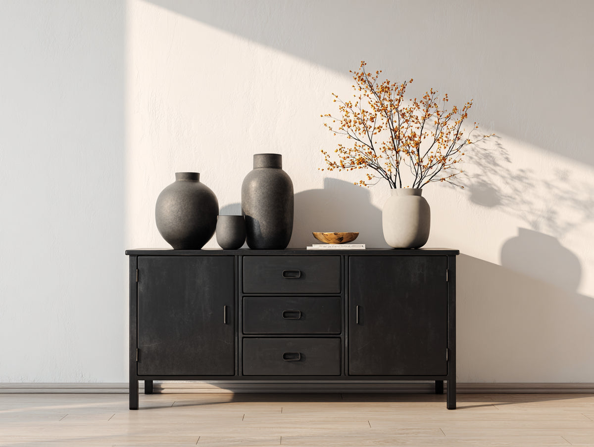 Mueble recibidor de madera y metal 140 x 40 x 80 cm - negro - entrada - diseño industrial con 2 puertas y 3 cajones