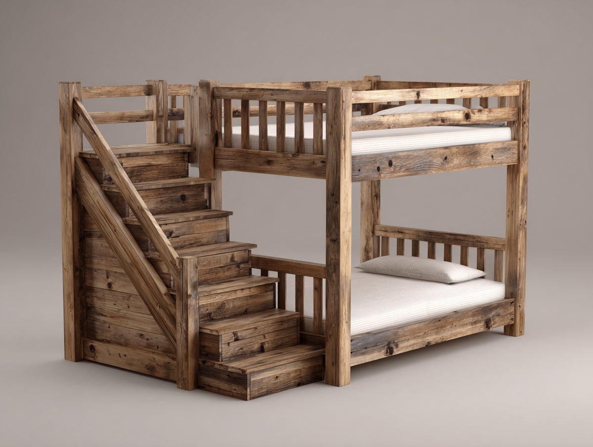 Litera de madera 240 x 105 x 175 cm - marrón natural - 2 niveles con escalera de peldaños y barandillas
