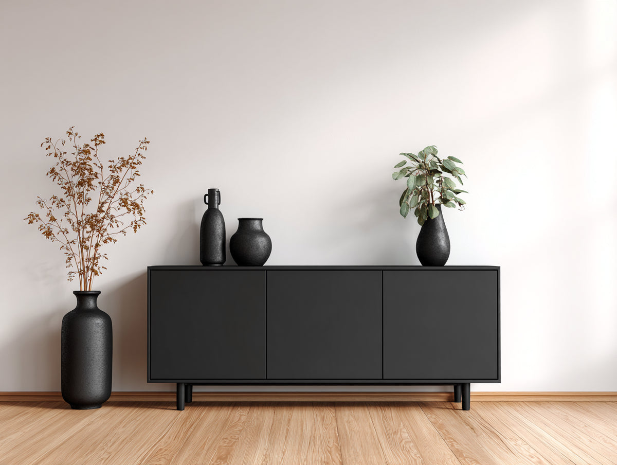Mueble recibidor 180 x 45 x 80 cm - negro mate - 3 puertas con diseño moderno minimalista