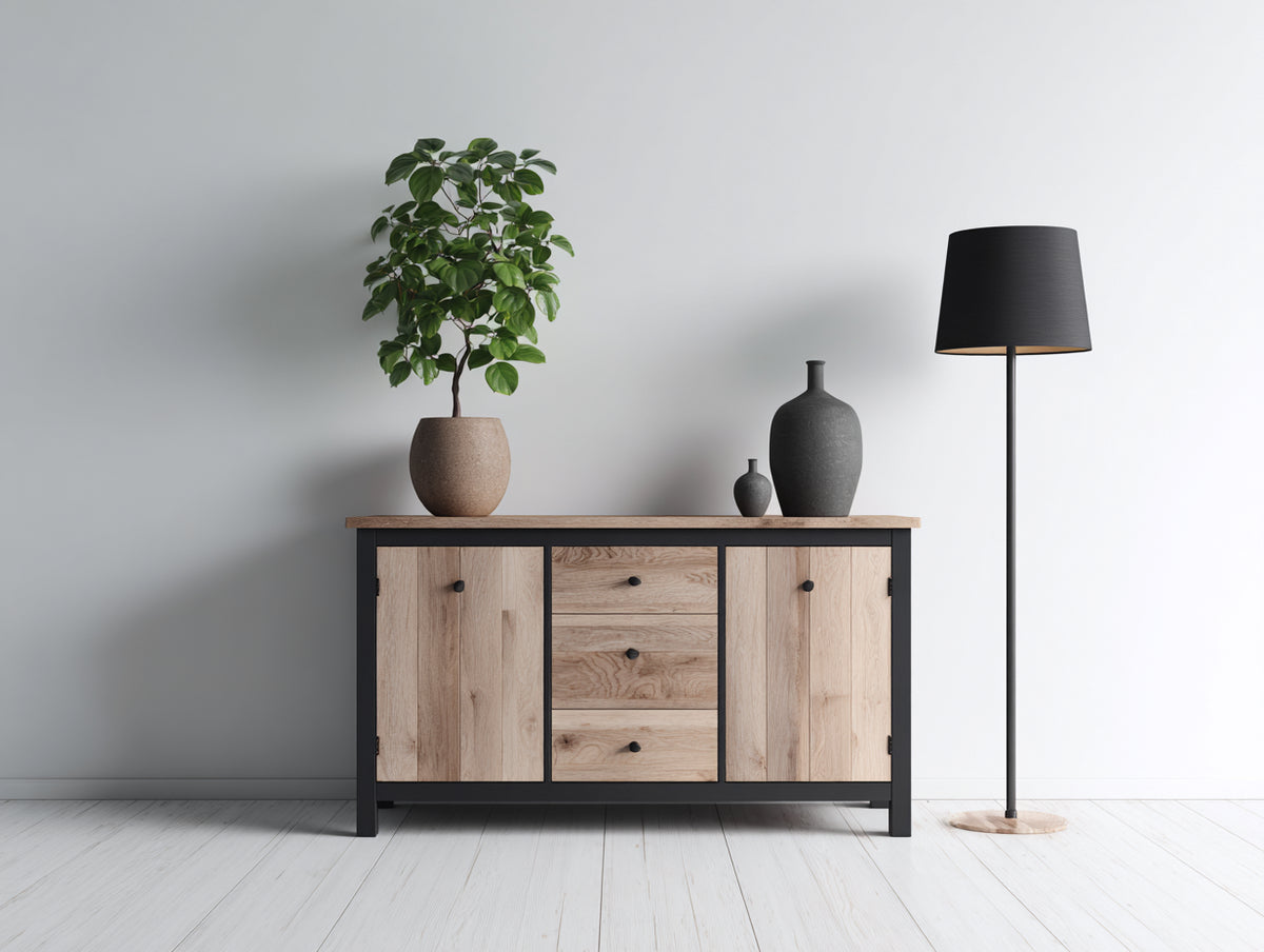 Mueble recibidor 140 x 42 x 85 cm - madera natural y negro - 2 puertas y 3 cajones - diseño moderno con almacenamiento cerrado