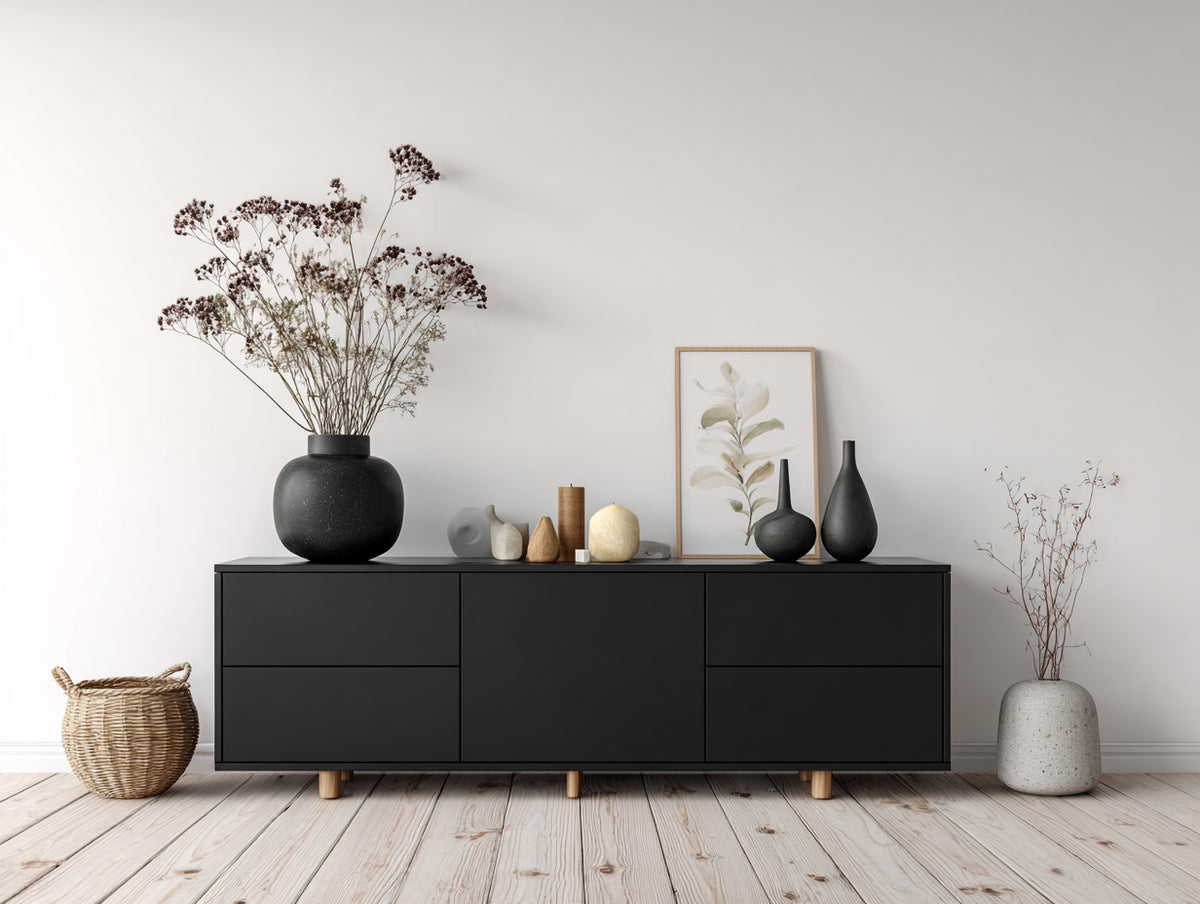 Mueble recibidor de madera de ingeniería 180 x 40 x 75 cm - negro y madera natural - 2 cajones y 2 puertas diseño moderno