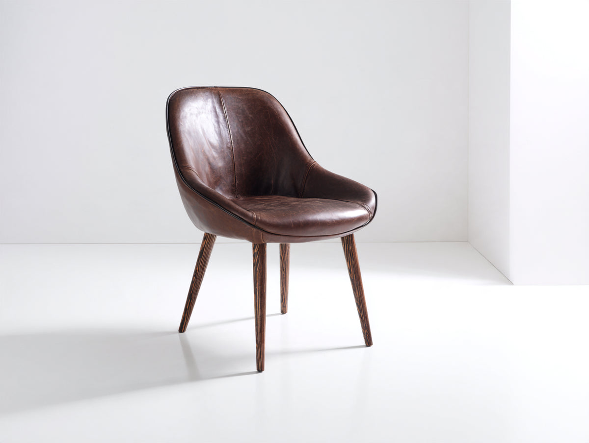 Silla de comedor 58 x 60 x 86 cm - marrón oscuro y madera - tapizado efecto piel con respaldo curvo - diseño moderno para comedor