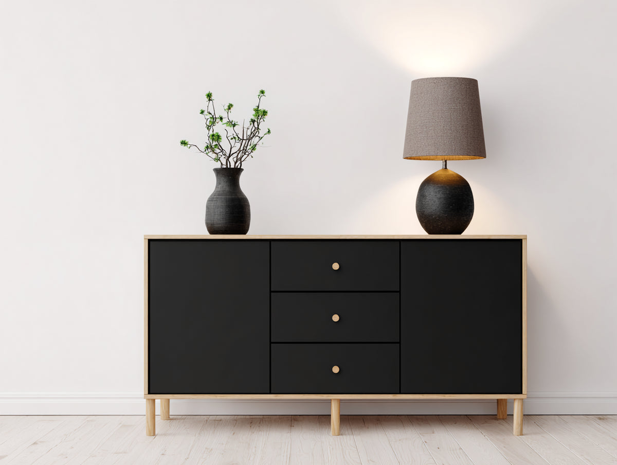 Mueble recibidor de madera 140 x 40 x 80 cm - negro-madera natural - entrada - diseño moderno con 2 puertas y 3 cajones