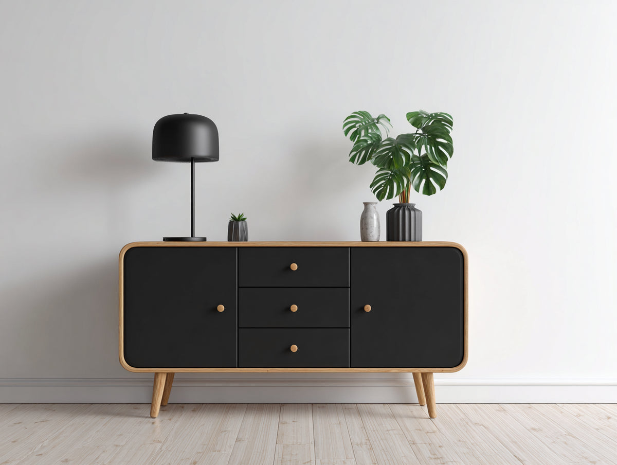 Mueble recibidor de madera de ingeniería 160 x 40 x 80 cm - negro y madera natural - 3 cajones y 2 puertas diseño moderno