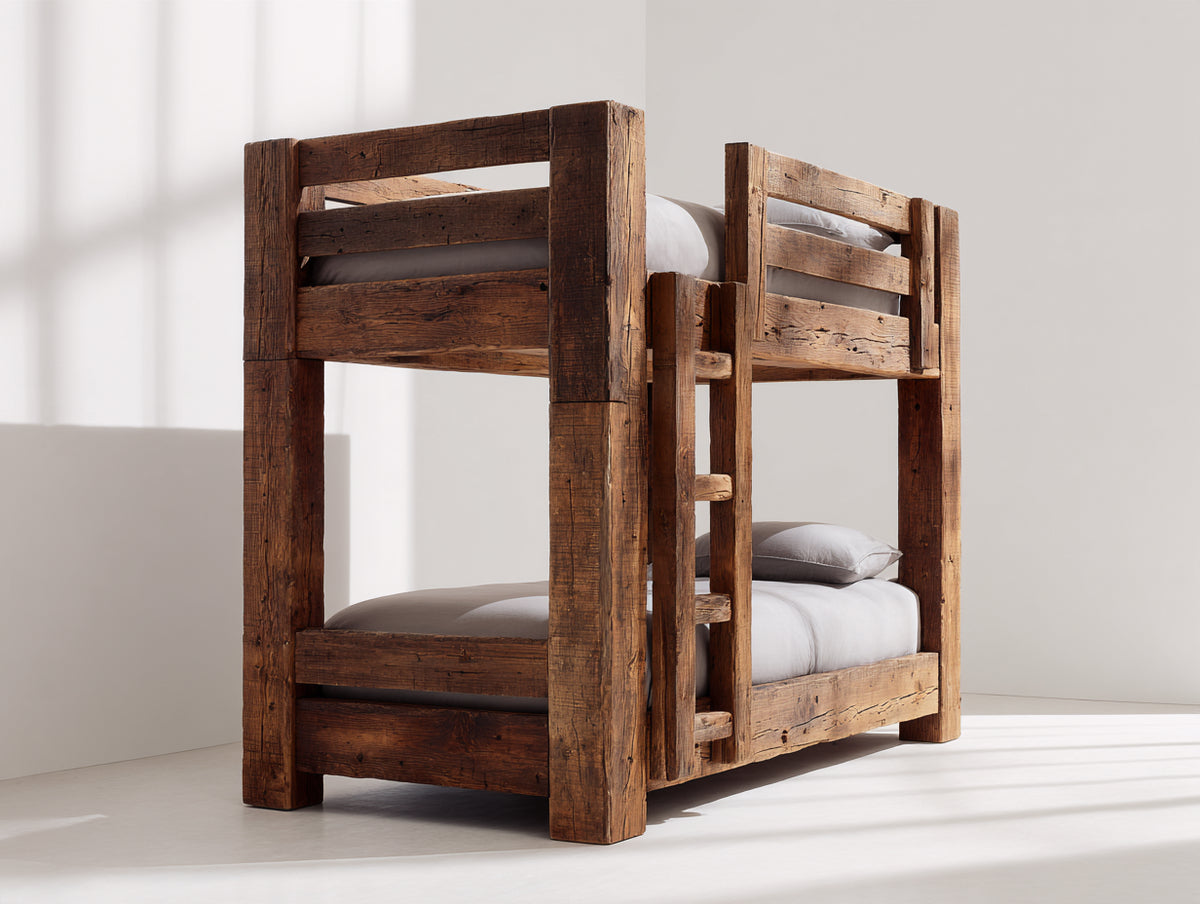 Litera de madera maciza 210x105x170 cm - Marrón - Diseño rústico con escalera integrada